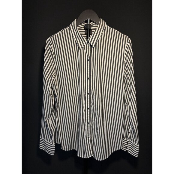 Worthington Button Up Collared Cuffed Long Sleeve Shirt Grey Black White Striped - Picture 7 of 16